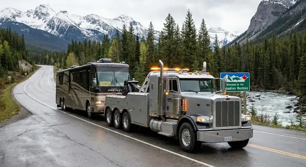 Oakville heavy-duty tow truck with RV in transport