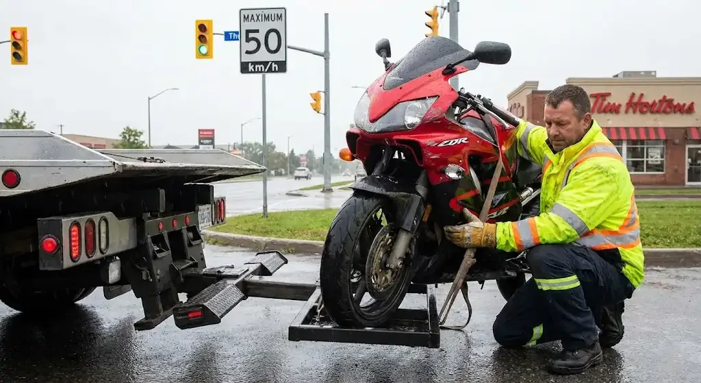 Oakville motorcycle being safely loaded for transport