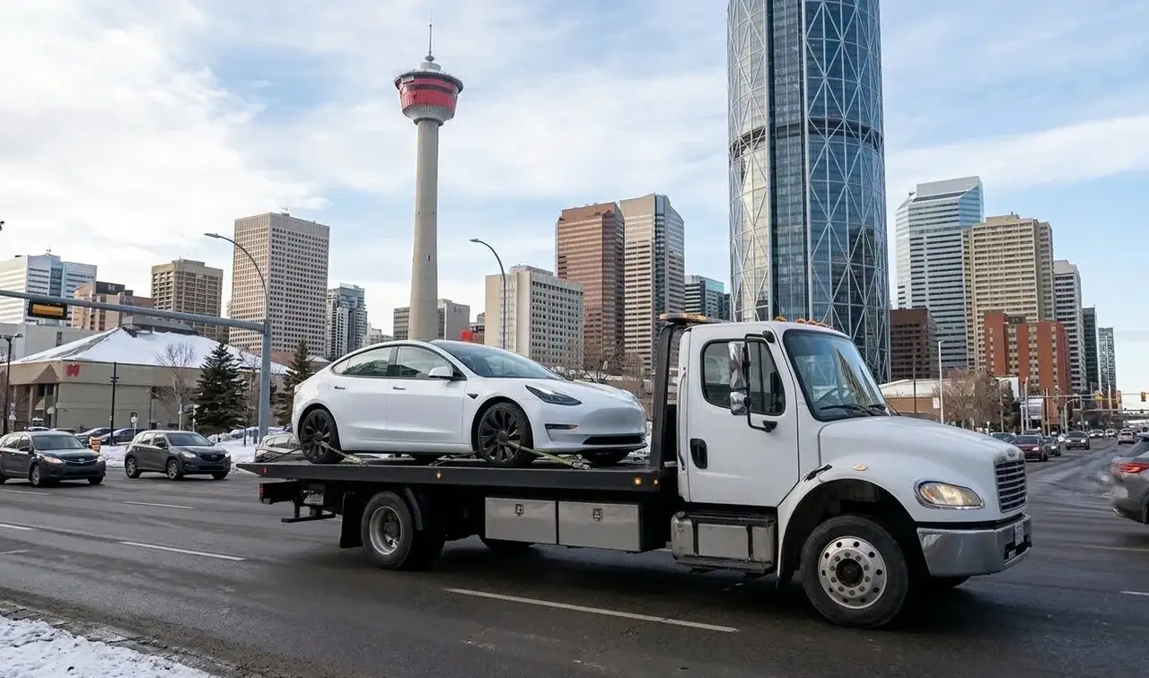 Oakville electric vehicle on flatbed transport